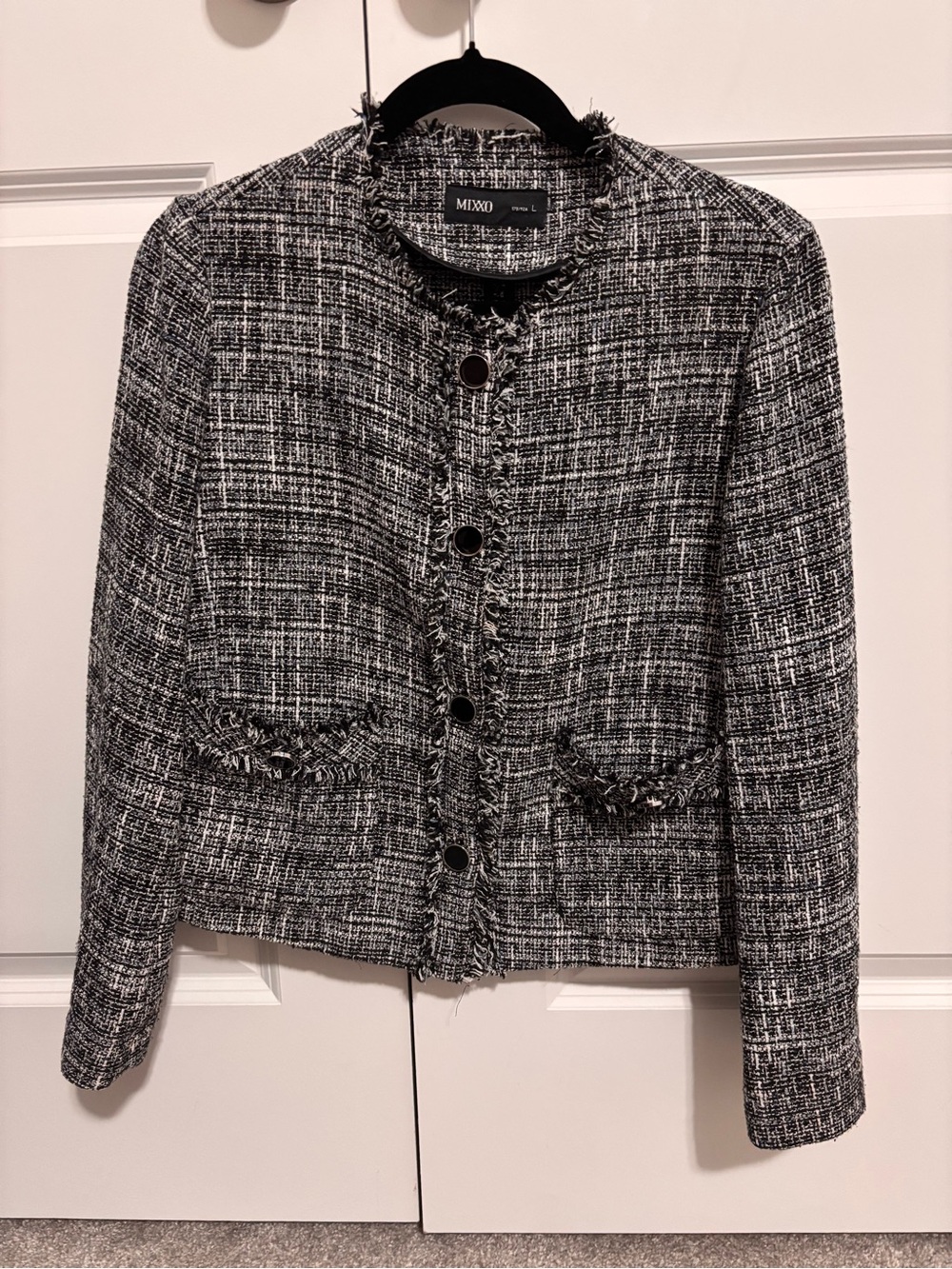 Black & White Tweed Frayed-Trim Jacket